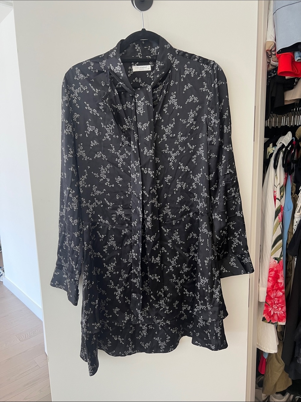 Equipment Black Floral Button-Down Tie-Neck Blouse